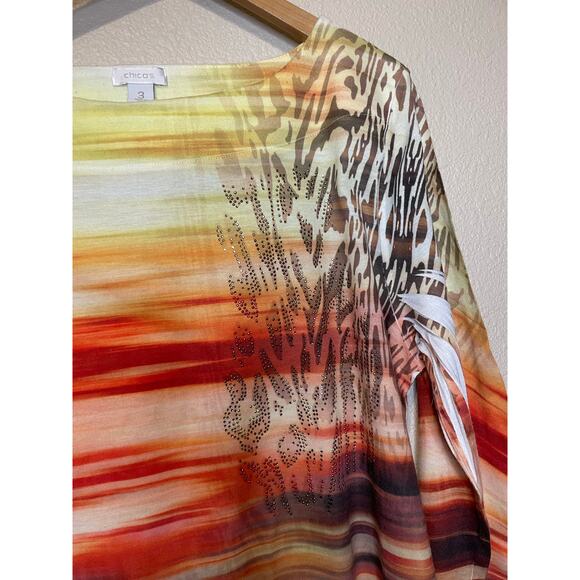 Chico's Boho Y2K Sunset Animal Print Boat Neck 3/4 Sleeve Yellow Orange Top 3 XL - Picture 6 of 12